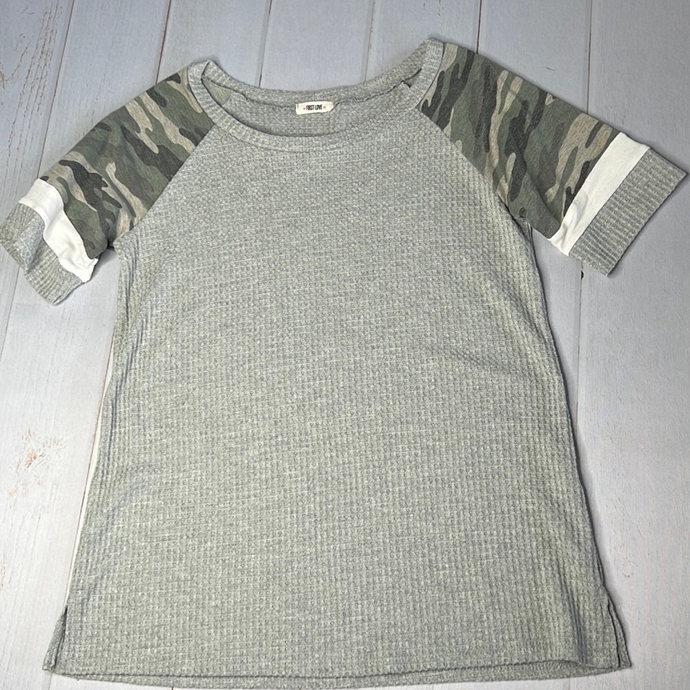 First Love - Camo Sleeve Waffle Knit Grey Top - Size Medium